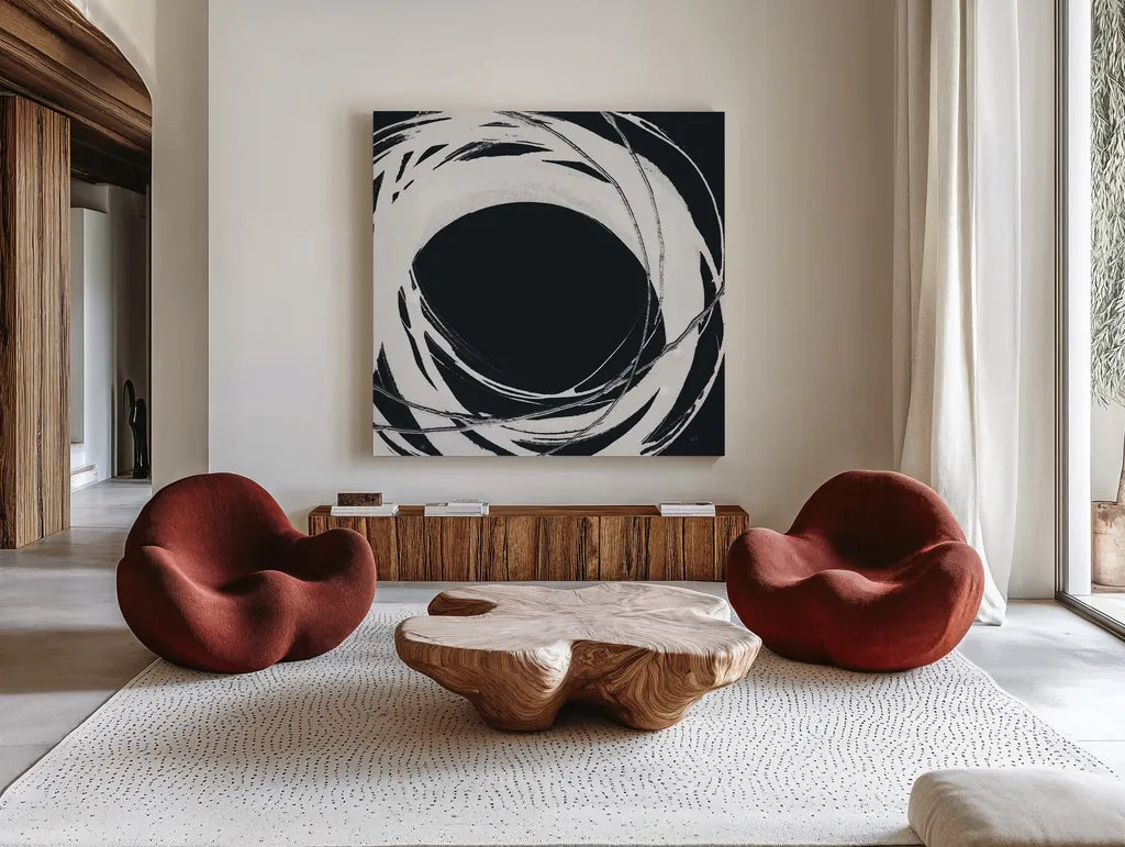 Gilded Enso III BW by Chris Paschke. Shown as extra-large giant wall art in a modern living room. Available as an archival giclee rolled canvas, fine art paper, or poster print. SKU 54818a.
