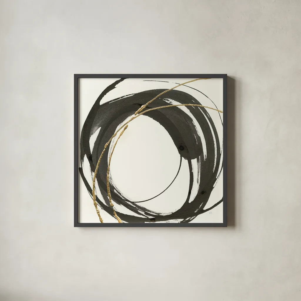 Gilded Enso IV by Chris Paschke. Shown in a sleek black glass frame for a contemporary gallery look. Available as an archival giclee rolled canvas, fine art paper, or poster print. SKU 34704a.