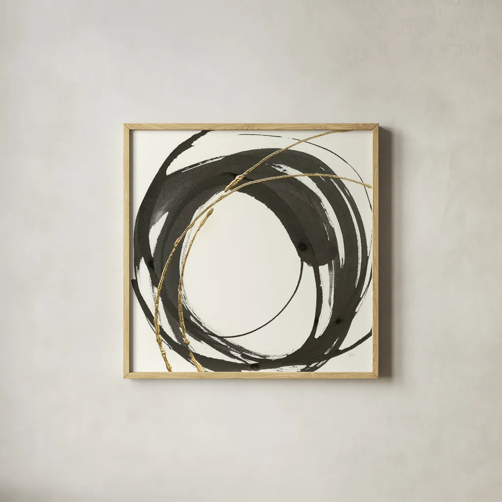 Gilded Enso IV by Chris Paschke. Shown in a natural wood glass frame for a timeless modern aesthetic. Available as an archival giclee rolled canvas, fine art paper, or poster print. SKU 34704a.