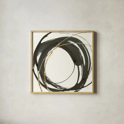 Gilded Enso IV by Chris Paschke. Shown in a natural wood glass frame for a timeless modern aesthetic. Available as an archival giclee rolled canvas, fine art paper, or poster print. SKU 34704a.