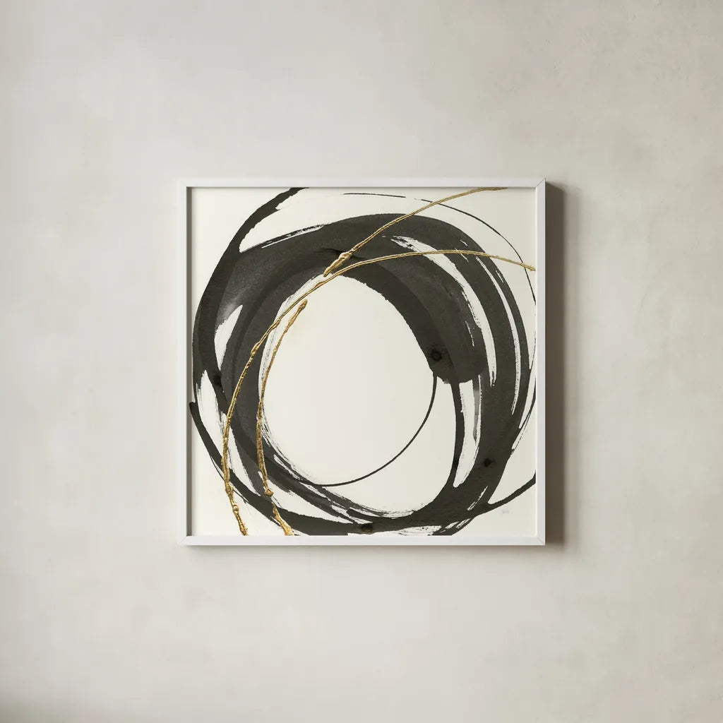 Gilded Enso IV by Chris Paschke. Shown in a crisp white glass frame for a clean and minimalist style. Available as an archival giclee rolled canvas, fine art paper, or poster print. SKU 34704a.