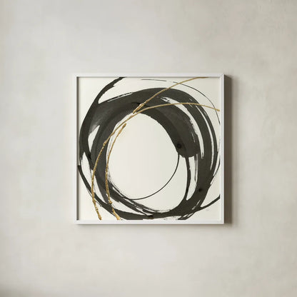 Gilded Enso IV by Chris Paschke. Shown in a crisp white glass frame for a clean and minimalist style. Available as an archival giclee rolled canvas, fine art paper, or poster print. SKU 34704a.