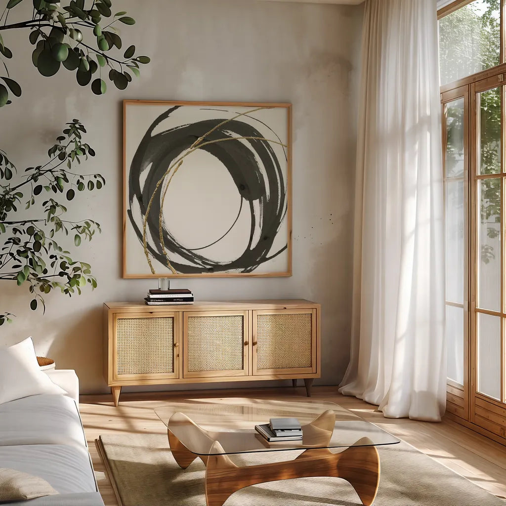 Gilded Enso IV by Chris Paschke. Shown in a natural wood frame in a cozy modern living room. Available as an archival giclee rolled canvas, fine art paper, or poster print. SKU 34704a.