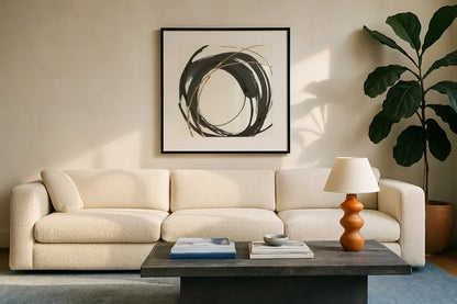 Gilded Enso IV by Chris Paschke. Displayed in a glass frame with matte in a clean modern living room. Available as an archival giclee rolled canvas, fine art paper, or poster print. SKU 34704a.