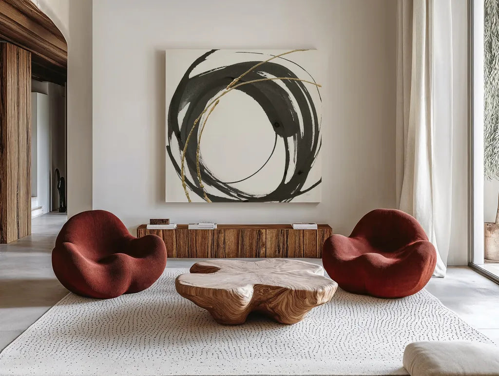 Gilded Enso IV by Chris Paschke. Shown as extra-large giant wall art in a modern living room. Available as an archival giclee rolled canvas, fine art paper, or poster print. SKU 34704a.