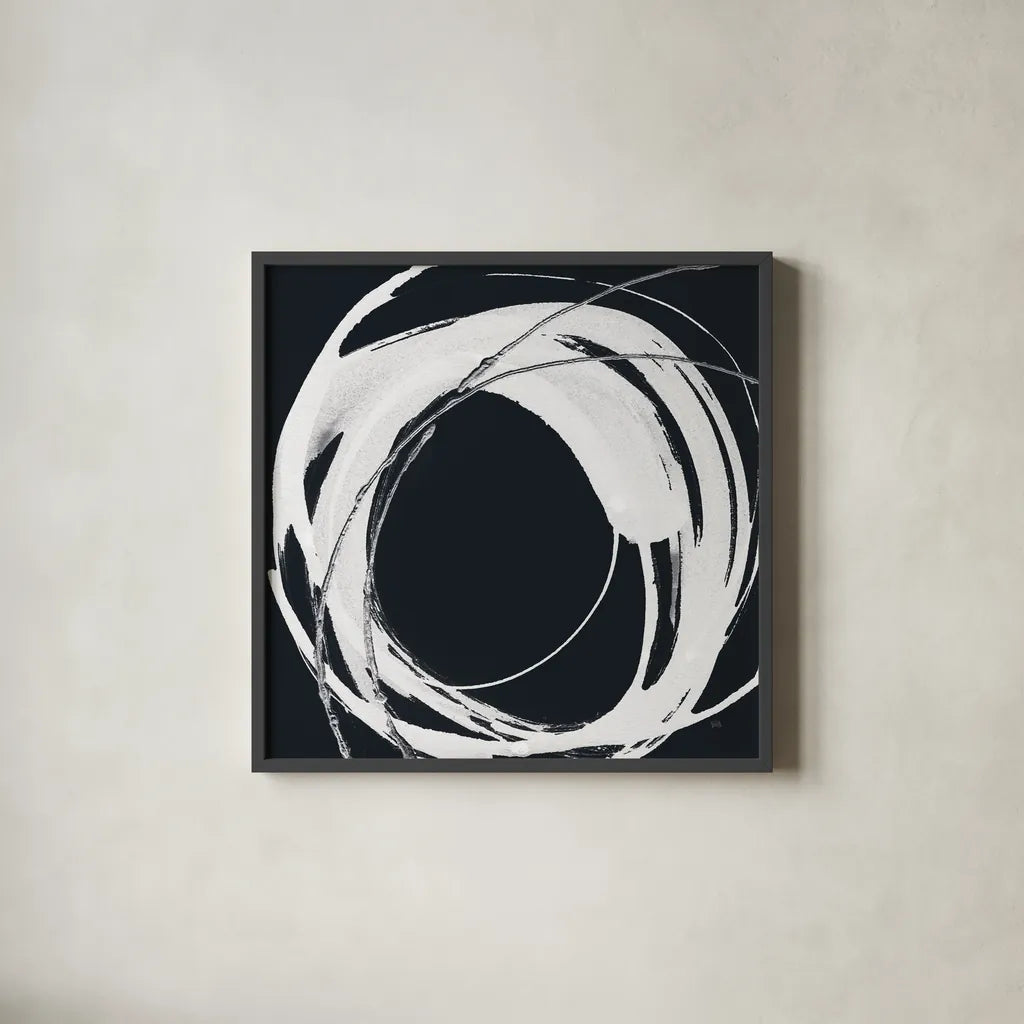 Gilded Enso IV BW by Chris Paschke. Shown in a sleek black glass frame for a contemporary gallery look. Available as an archival giclee rolled canvas, fine art paper, or poster print. SKU 54819a.