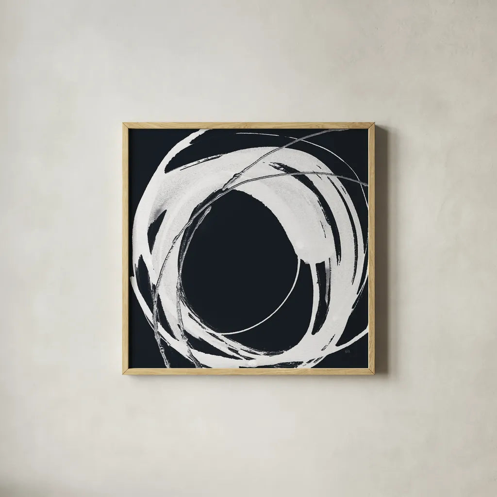 Gilded Enso IV BW by Chris Paschke. Shown in a natural wood glass frame for a timeless modern aesthetic. Available as an archival giclee rolled canvas, fine art paper, or poster print. SKU 54819a.