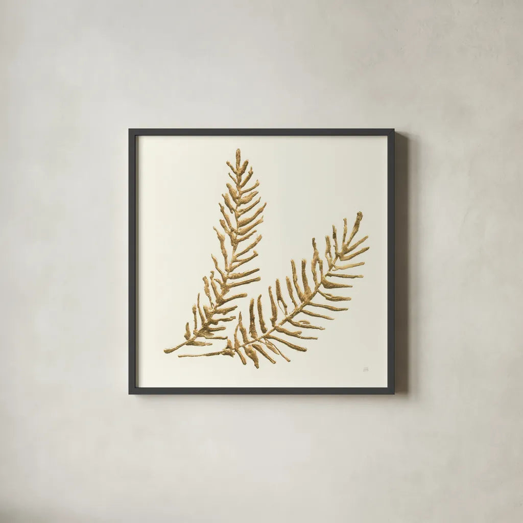 Gilded Fern IV by Chris Paschke. Shown in a sleek black glass frame for a contemporary gallery look. Available as an archival giclee rolled canvas, fine art paper, or poster print. SKU 57198a.