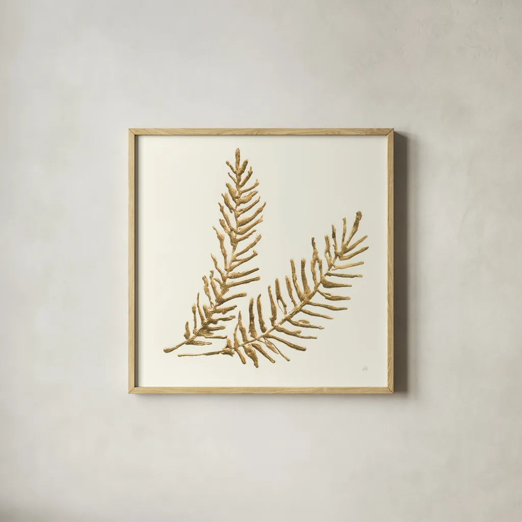 Gilded Fern IV by Chris Paschke. Shown in a natural wood glass frame for a timeless modern aesthetic. Available as an archival giclee rolled canvas, fine art paper, or poster print. SKU 57198a.