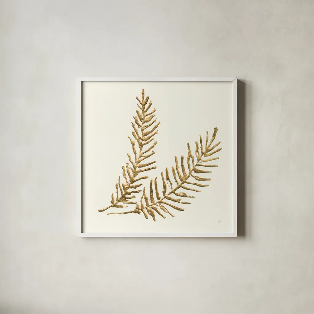 Gilded Fern IV by Chris Paschke. Shown in a crisp white glass frame for a clean and minimalist style. Available as an archival giclee rolled canvas, fine art paper, or poster print. SKU 57198a.