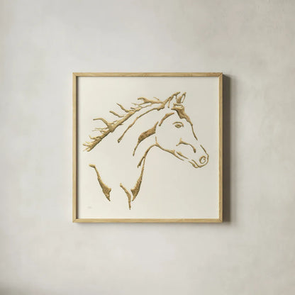 Gilded Filly by Chris Paschke. Shown in a natural wood glass frame for a timeless modern aesthetic. Available as an archival giclee rolled canvas, fine art paper, or poster print. SKU 31775a.