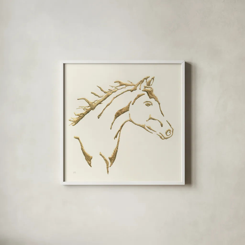 Gilded Filly by Chris Paschke. Shown in a crisp white glass frame for a clean and minimalist style. Available as an archival giclee rolled canvas, fine art paper, or poster print. SKU 31775a.