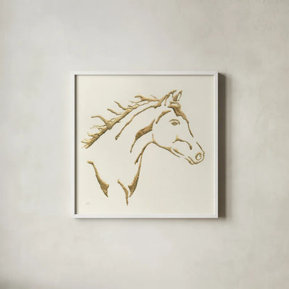 Gilded Filly by Chris Paschke. Shown in a crisp white glass frame for a clean and minimalist style. Available as an archival giclee rolled canvas, fine art paper, or poster print. SKU 31775a.
