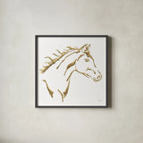 Gilded Filly on White by Chris Paschke. Shown in a sleek black glass frame for a contemporary gallery look. Available as an archival giclee rolled canvas, fine art paper, or poster print. SKU 32636a.