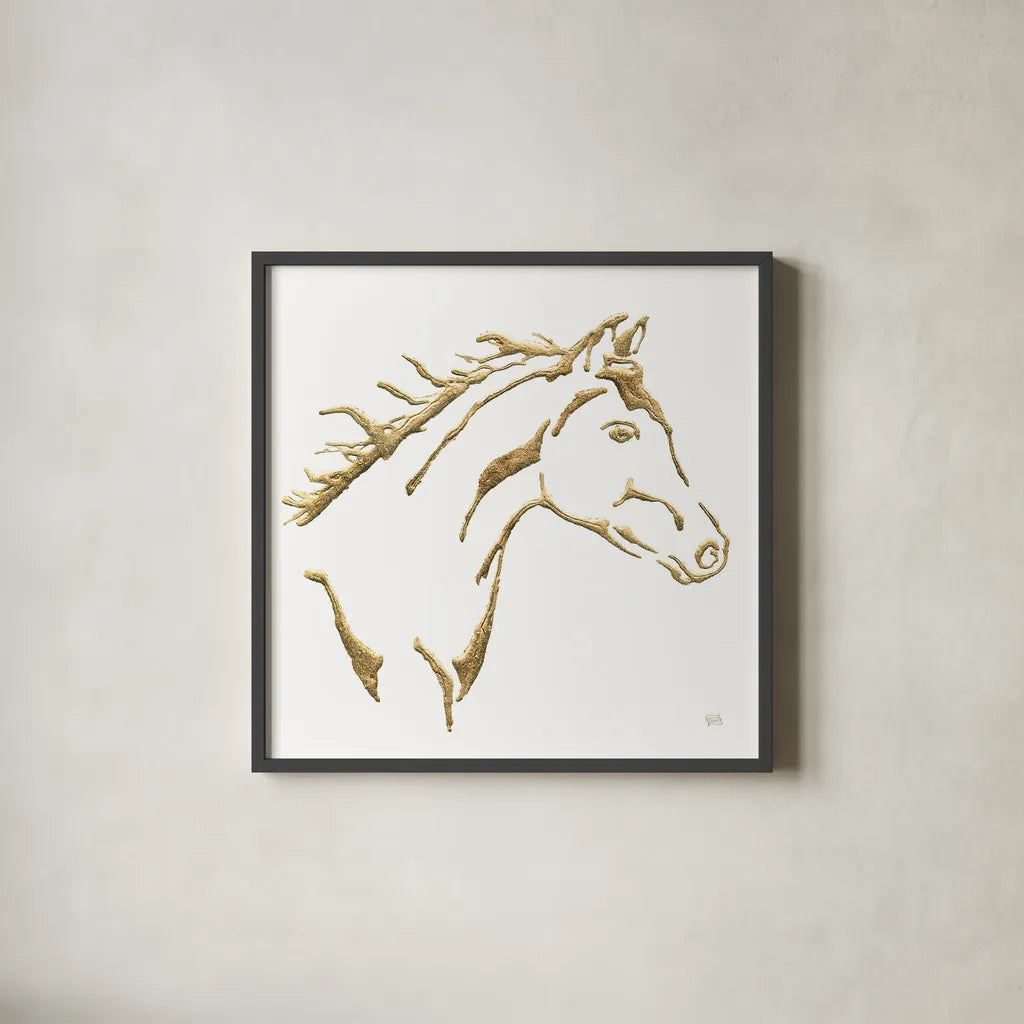 Gilded Filly on White by Chris Paschke. Shown in a sleek black glass frame for a contemporary gallery look. Available as an archival giclee rolled canvas, fine art paper, or poster print. SKU 32636a.