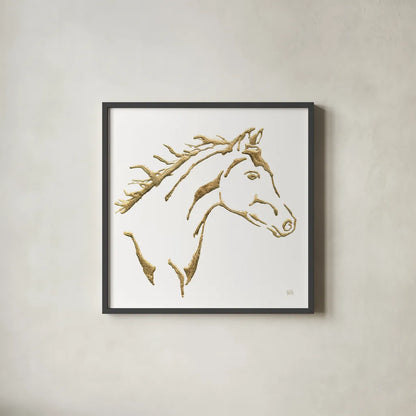 Gilded Filly on White by Chris Paschke. Shown in a sleek black glass frame for a contemporary gallery look. Available as an archival giclee rolled canvas, fine art paper, or poster print. SKU 32636a.
