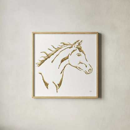 Gilded Filly on White by Chris Paschke. Shown in a natural wood glass frame for a timeless modern aesthetic. Available as an archival giclee rolled canvas, fine art paper, or poster print. SKU 32636a.