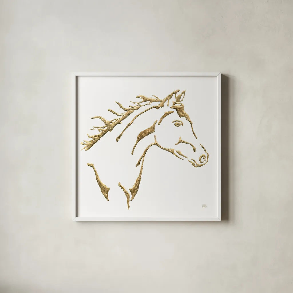 Gilded Filly on White by Chris Paschke. Shown in a crisp white glass frame for a clean and minimalist style. Available as an archival giclee rolled canvas, fine art paper, or poster print. SKU 32636a.
