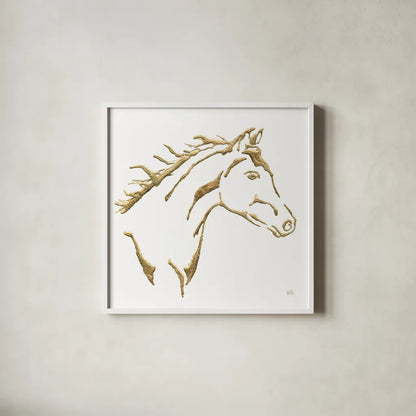 Gilded Filly on White by Chris Paschke. Shown in a crisp white glass frame for a clean and minimalist style. Available as an archival giclee rolled canvas, fine art paper, or poster print. SKU 32636a.