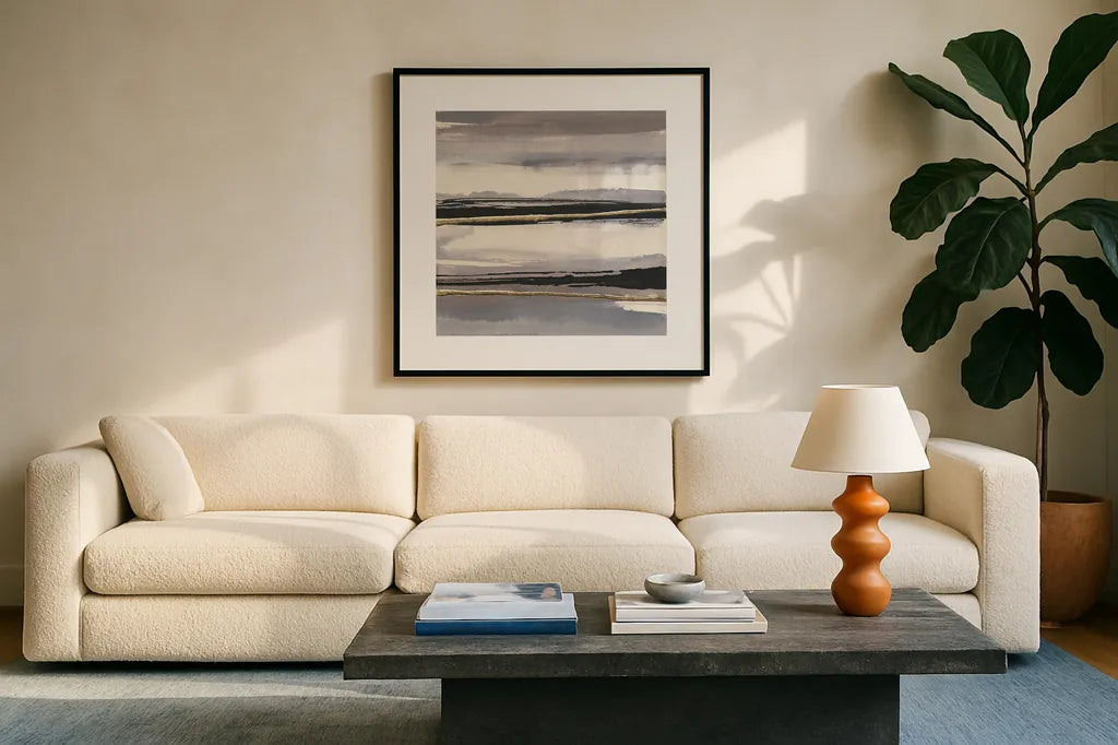 Gilded Grey II by Chris Paschke. Displayed in a glass frame with matte in a clean modern living room. Available as an archival giclee rolled canvas, fine art paper, or poster print. SKU 25556a.