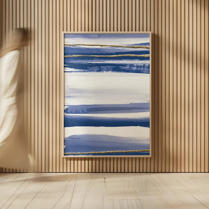 Gilded Grey III Indigo and White by Chris Paschke. shown as over sized large wall art. Available as an archival giclee rolled canvas, fine art paper, or poster print. SKU 27104h.