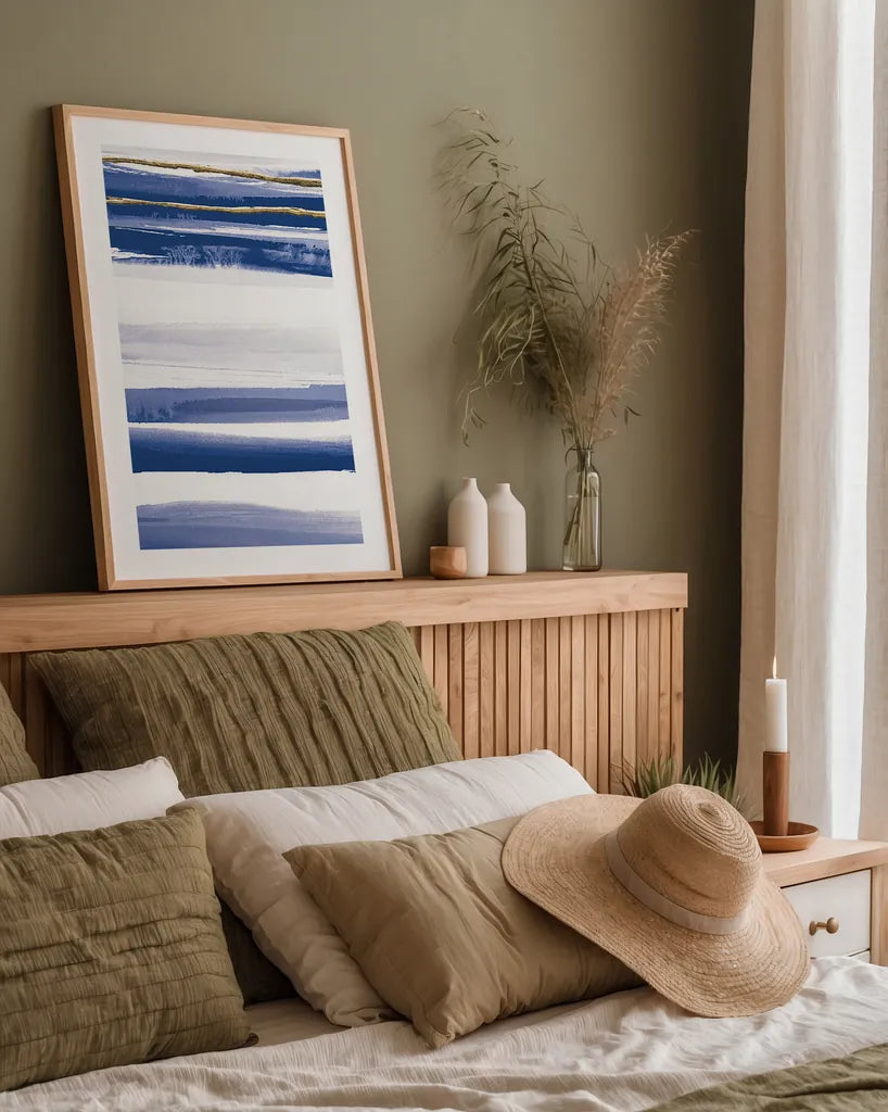 Gilded Grey III Indigo and White by Chris Paschke. shown as a paper print in a natural frame. Available as a archival giclee rolled canvas, fine art paper, or poster print. SKU 27104h.