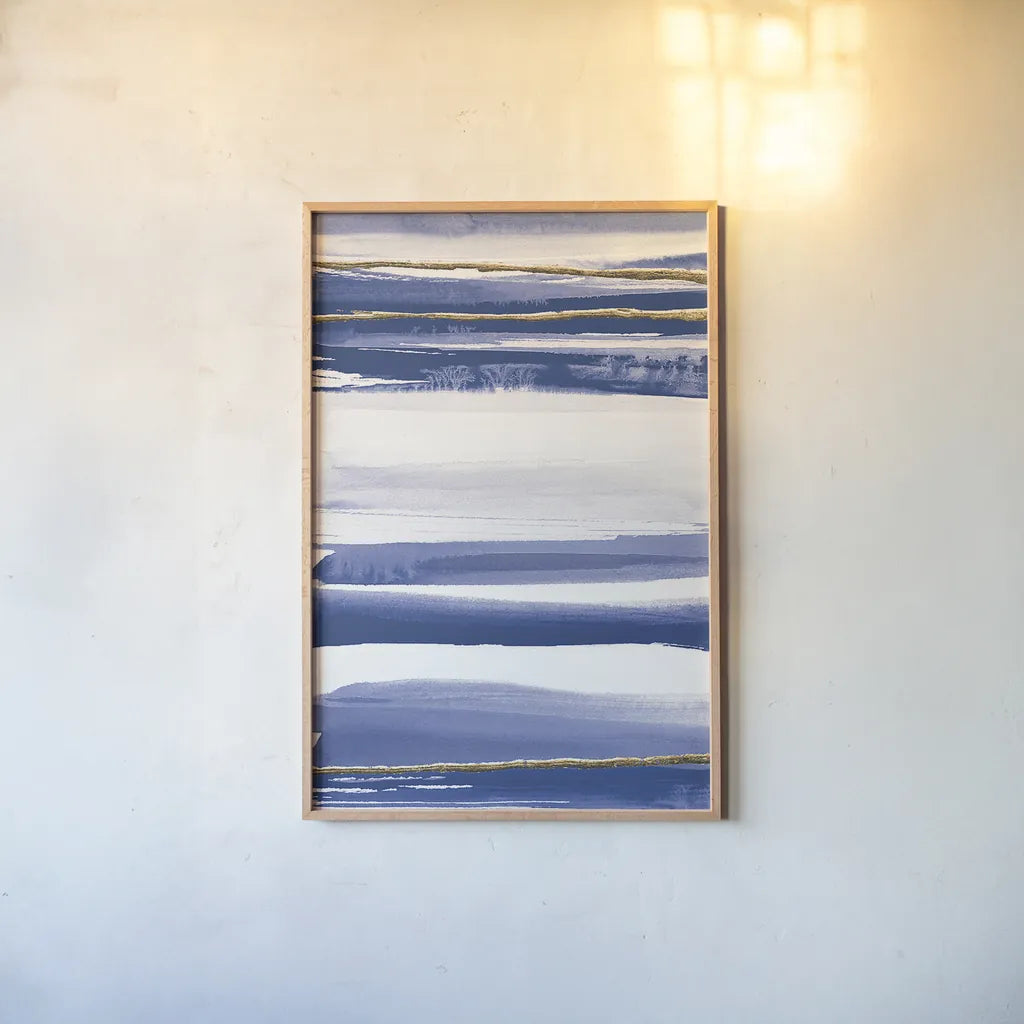 Gilded Grey III Indigo and White by Chris Paschke. shown as a paper print in a natural frame. Available as a archival giclee rolled canvas, fine art paper, or poster print. SKU 27104h.