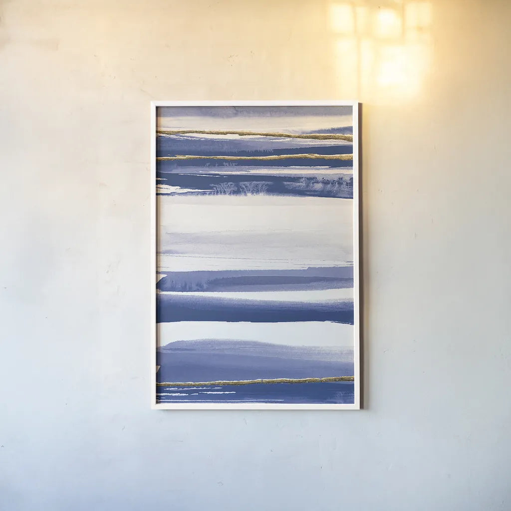 Gilded Grey III Indigo and White by Chris Paschke. shown as a paper print in a white frame. Available as a archival giclee rolled canvas, fine art paper, or poster print. SKU 27104h.