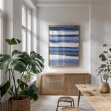 Gilded Grey IV Indigo and White by Chris Paschke. shown as a print in a natural wood frame in a dining room. Available as a archival giclee rolled canvas, fine art paper, or poster print. SKU 27105h.