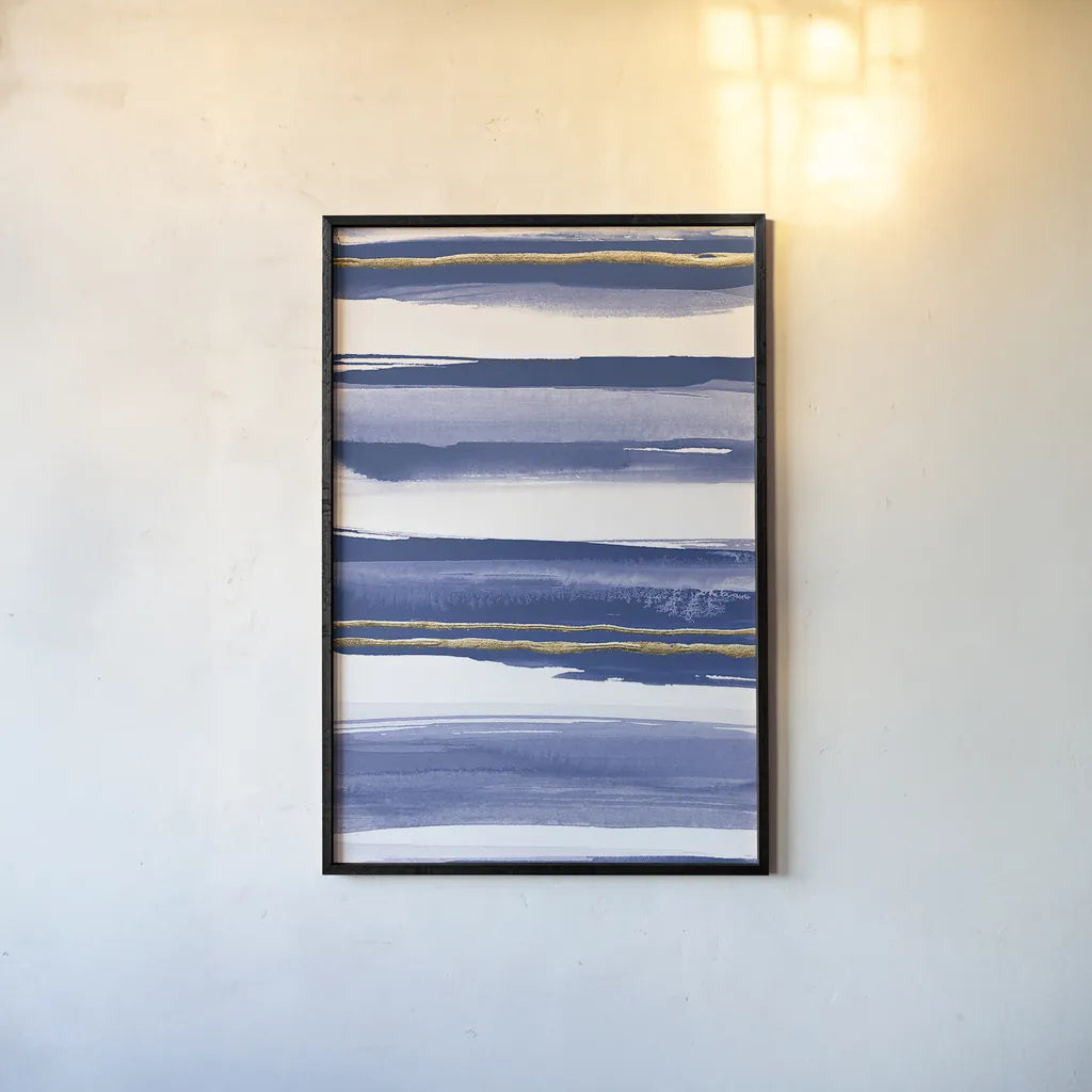 Gilded Grey IV Indigo and White by Chris Paschke. shown as a paper print in a black flame. Available as a archival giclee rolled canvas, fine art paper, or poster print. SKU 27105h.