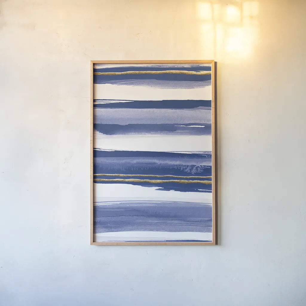 Gilded Grey IV Indigo and White by Chris Paschke. shown as a paper print in a natural frame. Available as a archival giclee rolled canvas, fine art paper, or poster print. SKU 27105h.