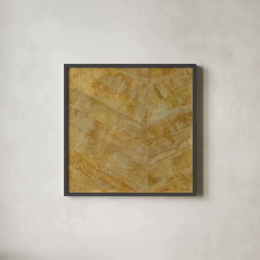 Gilded Herringbone I by Chris Paschke. Shown in a sleek black glass frame for a contemporary gallery look. Available as an archival giclee rolled canvas, fine art paper, or poster print. SKU 48048a.