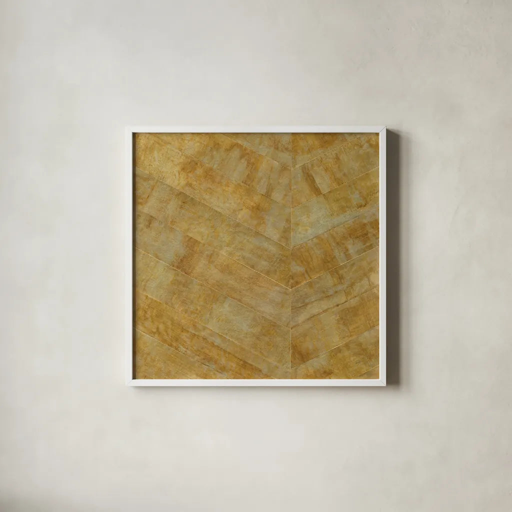 Gilded Herringbone I by Chris Paschke. Shown in a crisp white glass frame for a clean and minimalist style. Available as an archival giclee rolled canvas, fine art paper, or poster print. SKU 48048a.