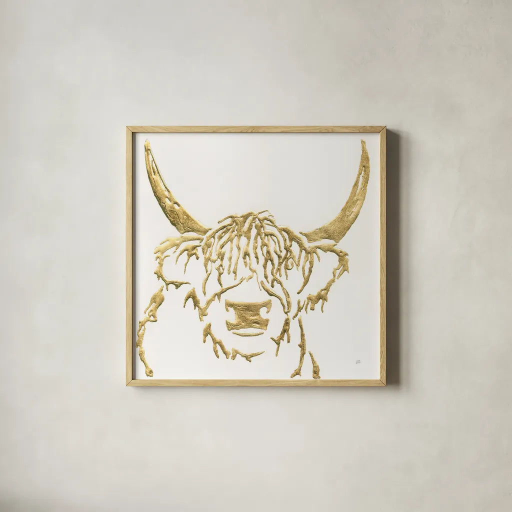 Gilded Highlander I by Chris Paschke. Shown in a natural wood glass frame for a timeless modern aesthetic. Available as an archival giclee rolled canvas, fine art paper, or poster print. SKU 53315a.