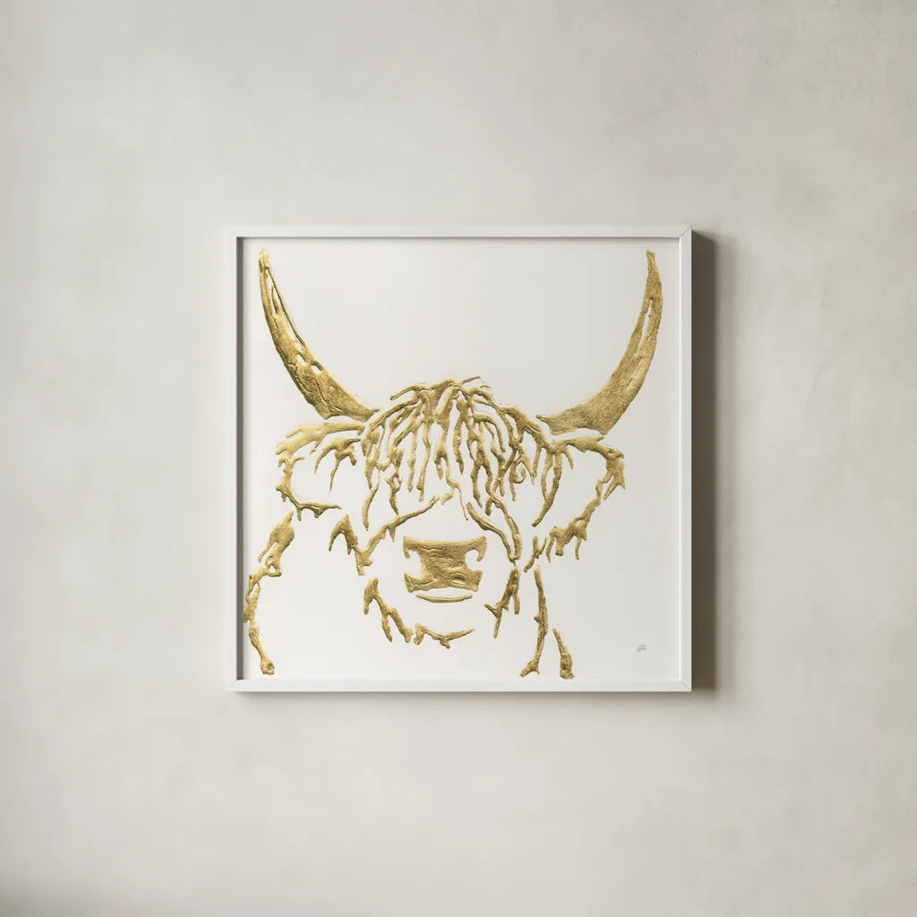 Gilded Highlander I by Chris Paschke. Shown in a crisp white glass frame for a clean and minimalist style. Available as an archival giclee rolled canvas, fine art paper, or poster print. SKU 53315a.