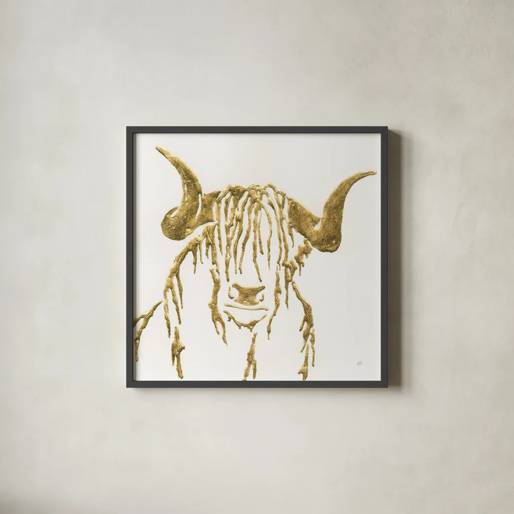 Gilded Highlander II by Chris Paschke. Shown in a sleek black glass frame for a contemporary gallery look. Available as an archival giclee rolled canvas, fine art paper, or poster print. SKU 53316a.