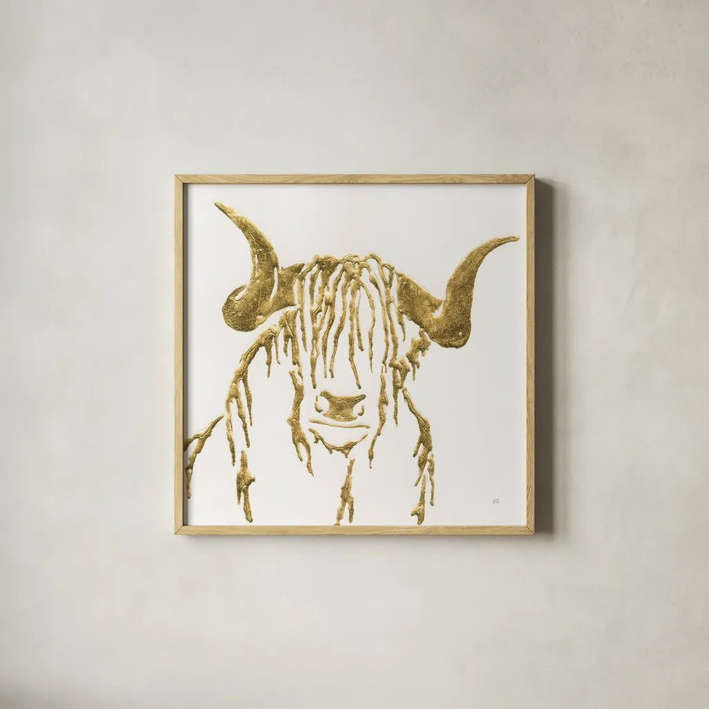 Gilded Highlander II by Chris Paschke. Shown in a natural wood glass frame for a timeless modern aesthetic. Available as an archival giclee rolled canvas, fine art paper, or poster print. SKU 53316a.