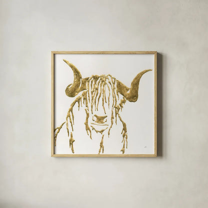 Gilded Highlander II by Chris Paschke. Shown in a natural wood glass frame for a timeless modern aesthetic. Available as an archival giclee rolled canvas, fine art paper, or poster print. SKU 53316a.