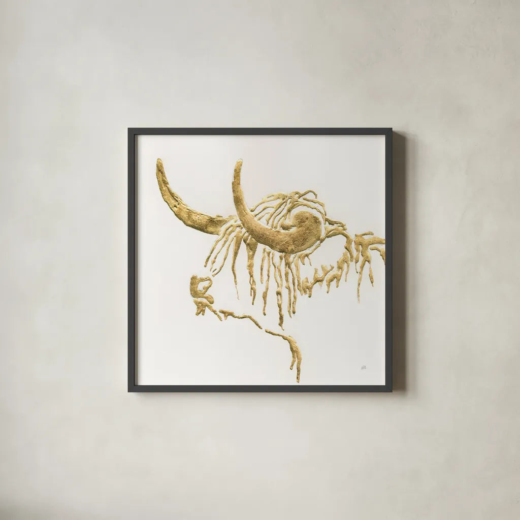 Gilded Highlander III by Chris Paschke. Shown in a sleek black glass frame for a contemporary gallery look. Available as an archival giclee rolled canvas, fine art paper, or poster print. SKU 53317a.