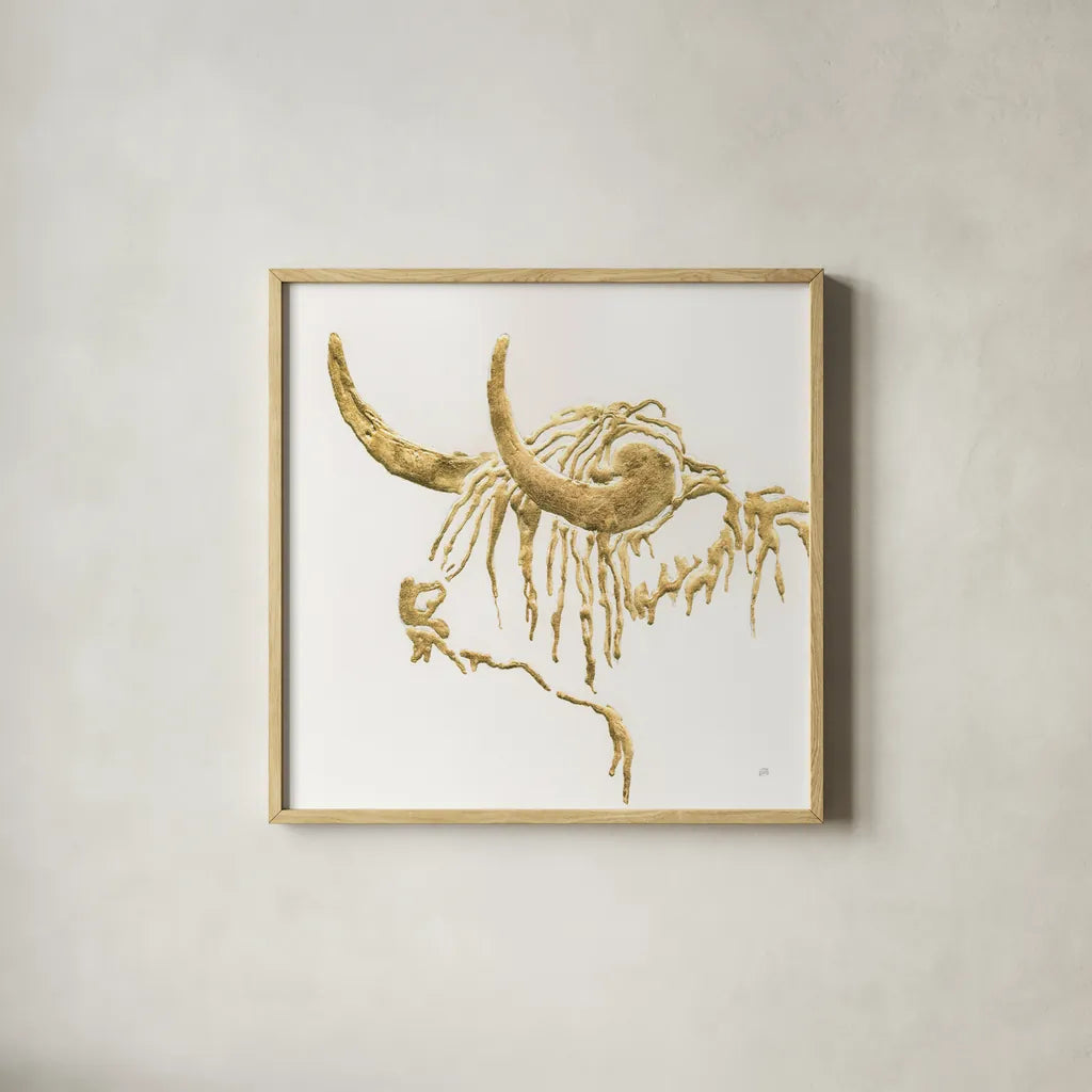 Gilded Highlander III by Chris Paschke. Shown in a natural wood glass frame for a timeless modern aesthetic. Available as an archival giclee rolled canvas, fine art paper, or poster print. SKU 53317a.