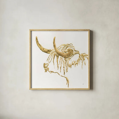 Gilded Highlander III by Chris Paschke. Shown in a natural wood glass frame for a timeless modern aesthetic. Available as an archival giclee rolled canvas, fine art paper, or poster print. SKU 53317a.