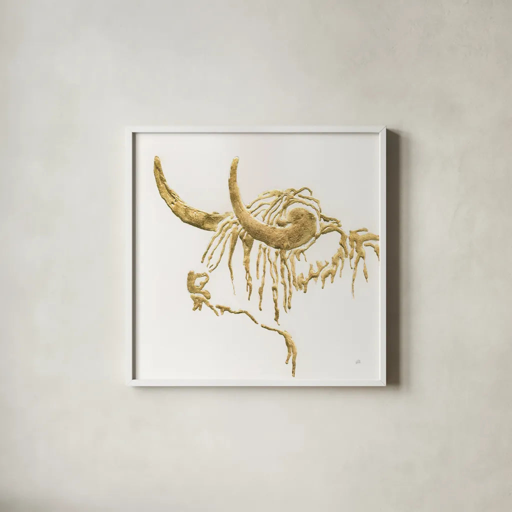 Gilded Highlander III by Chris Paschke. Shown in a crisp white glass frame for a clean and minimalist style. Available as an archival giclee rolled canvas, fine art paper, or poster print. SKU 53317a.