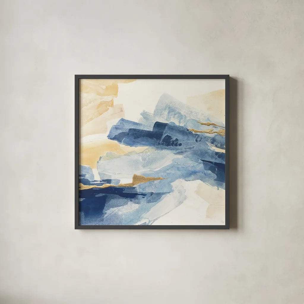 Gilded Indigo I by Chris Paschke. Shown in a sleek black glass frame for a contemporary gallery look. Available as an archival giclee rolled canvas, fine art paper, or poster print. SKU 25553a.