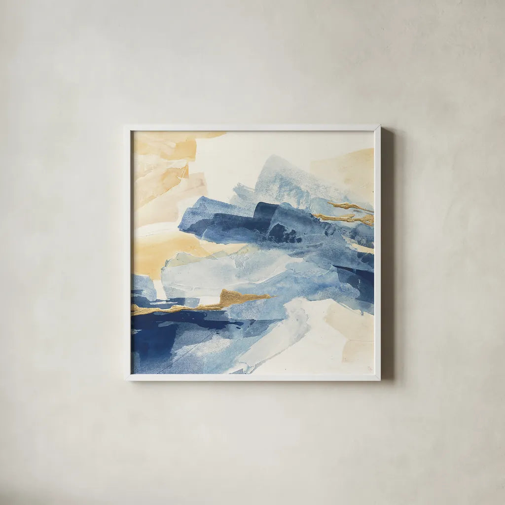 Gilded Indigo I by Chris Paschke. Shown in a crisp white glass frame for a clean and minimalist style. Available as an archival giclee rolled canvas, fine art paper, or poster print. SKU 25553a.