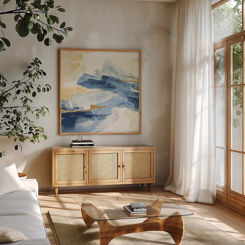 Gilded Indigo I by Chris Paschke. Shown in a natural wood frame in a cozy modern living room. Available as an archival giclee rolled canvas, fine art paper, or poster print. SKU 25553a.