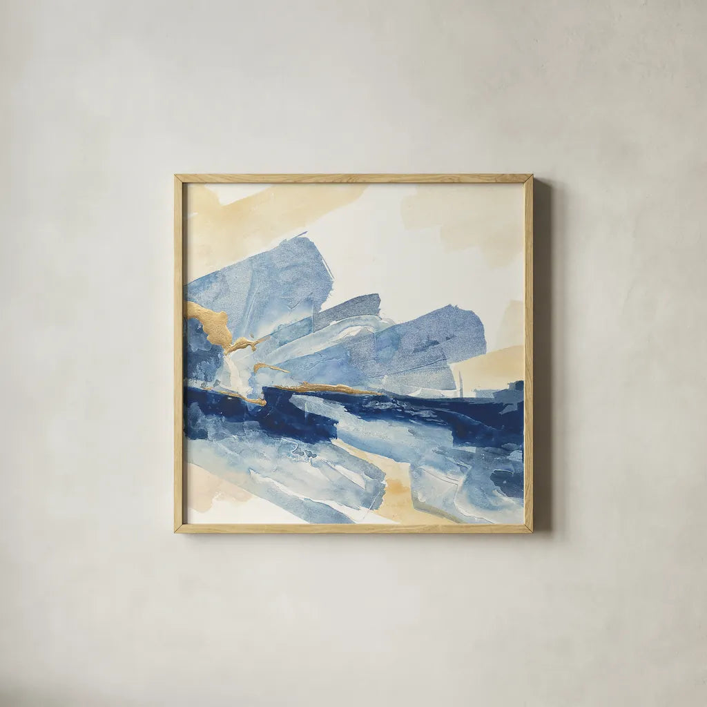 Gilded Indigo II by Chris Paschke. Shown in a natural wood glass frame for a timeless modern aesthetic. Available as an archival giclee rolled canvas, fine art paper, or poster print. SKU 25554a.