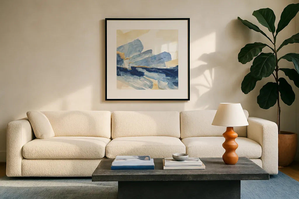 Gilded Indigo II by Chris Paschke. Displayed in a glass frame with matte in a clean modern living room. Available as an archival giclee rolled canvas, fine art paper, or poster print. SKU 25554a.