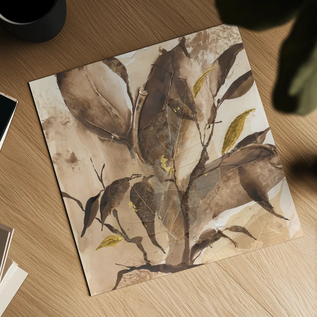 Gilded Leaf Collage I by Chris Paschke. Shown as a detailed flat fine art print, highlighting archival giclee quality. Available as an archival giclee rolled canvas, fine art paper, or poster print. SKU 96187a.