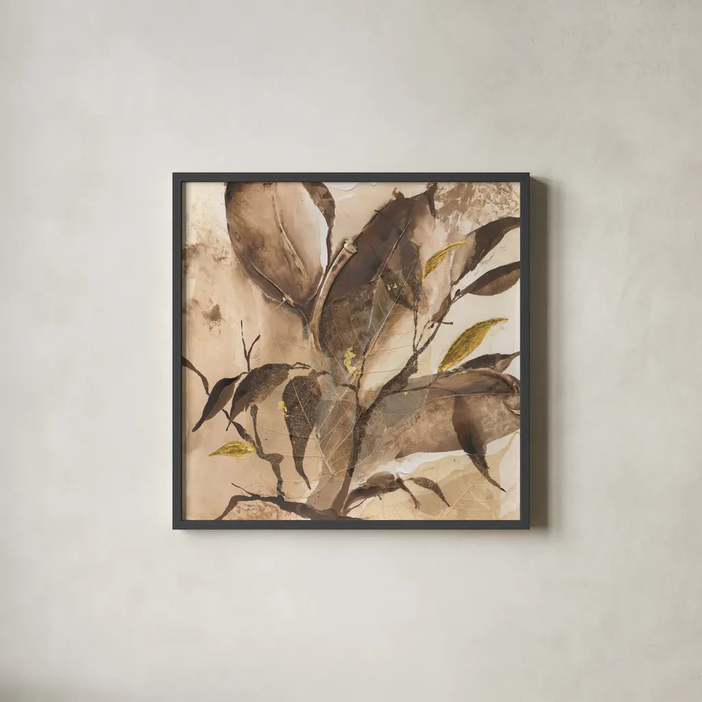 Gilded Leaf Collage I by Chris Paschke. Shown in a sleek black glass frame for a contemporary gallery look. Available as an archival giclee rolled canvas, fine art paper, or poster print. SKU 96187a.