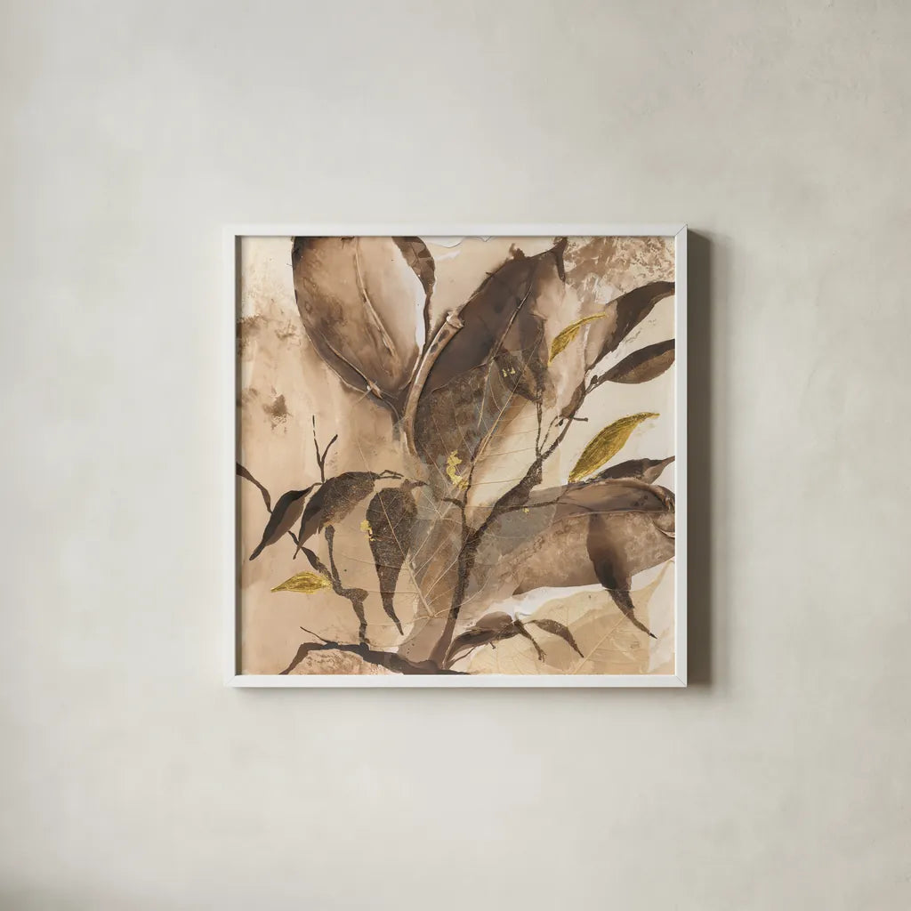 Gilded Leaf Collage I by Chris Paschke. Shown in a crisp white glass frame for a clean and minimalist style. Available as an archival giclee rolled canvas, fine art paper, or poster print. SKU 96187a.